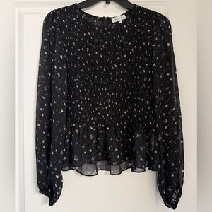 GHOSPELL Black Smocked Peplum Blouse with Multicolor Floral Print